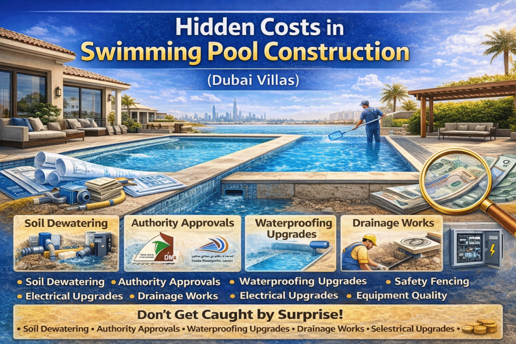 Hidden costs in swimming pool construction for Dubai villas including approvals, waterproofing, drainage and electrical upgrades