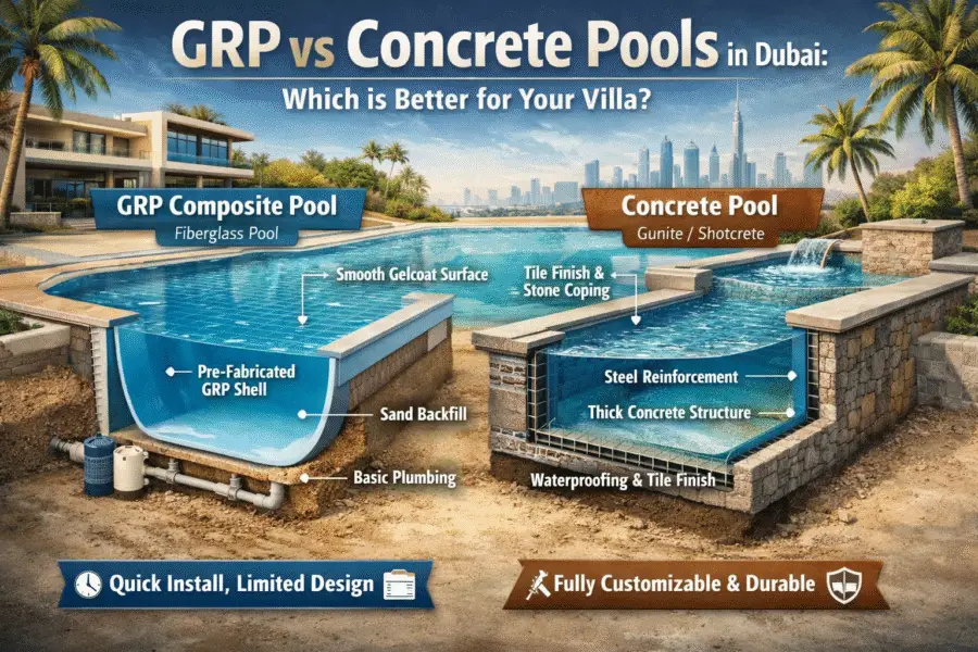 Read more about the article GRP (Fiberglass) vs Concrete Swimming Pools in Dubai – Which One is Better for Your Villa?