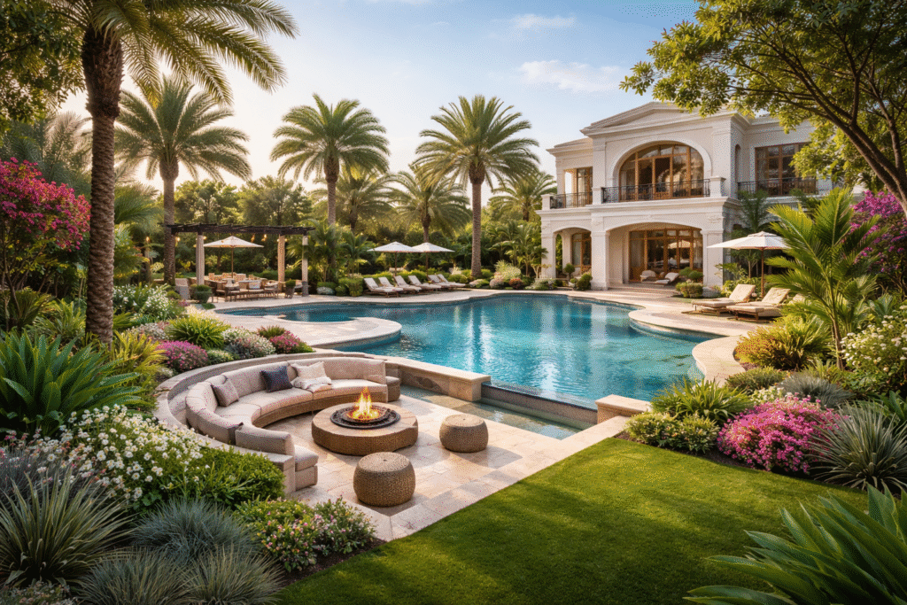 Luxury Dubai villa landscape with swimming pool, pool deck paving, sun loungers, pergola seating, lawn, palm trees, shrubs, flower beds, outdoor lighting, and a sunken fire pit lounge area.