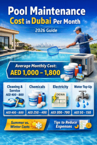 Monthly swimming pool maintenance cost in Dubai showing cleaning, chemicals, electricity and water expenses for villa pools