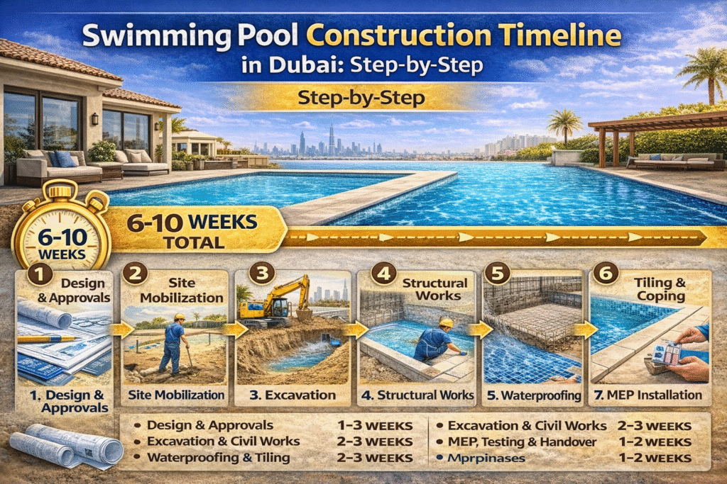 Step-by-step swimming pool construction timeline in Dubai showing design, excavation, structural works, tiling and final handover