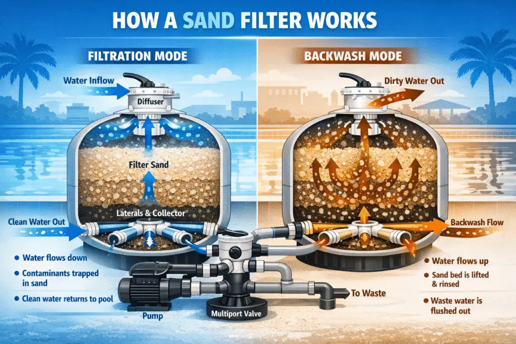 Diagram showing how a swimming pool sand filter works, including filtration mode and backwash mode with water flow direction