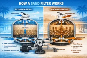 Diagram showing how a swimming pool sand filter works, including filtration mode and backwash mode with water flow direction