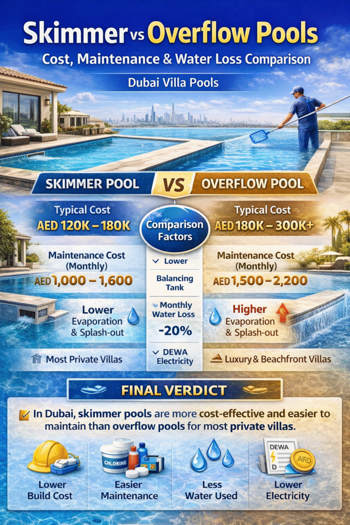 Comparison of skimmer vs overflow swimming pools in Dubai showing construction cost, monthly maintenance and water loss differences